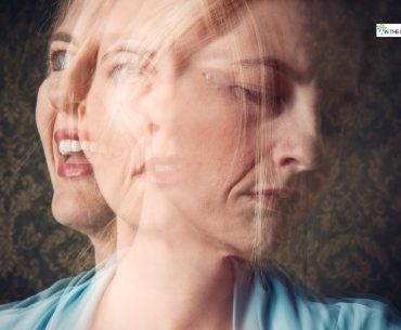 A blurred, double-exposure image of a woman showing multiple emotional expressions, including happiness and sadness, symbolizing mood and personality changes.