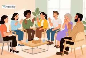 Illustration of a diverse group of people sitting in a circle, smiling, clapping, and supporting one another during a recovery meeting.