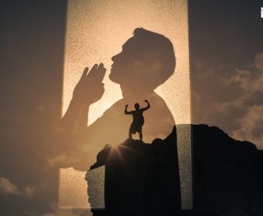 A silhouette of a person praying overlaid with another image of a person standing triumphantly on a mountain peak, symbolizing inner strength and spiritual awakening in recovery.