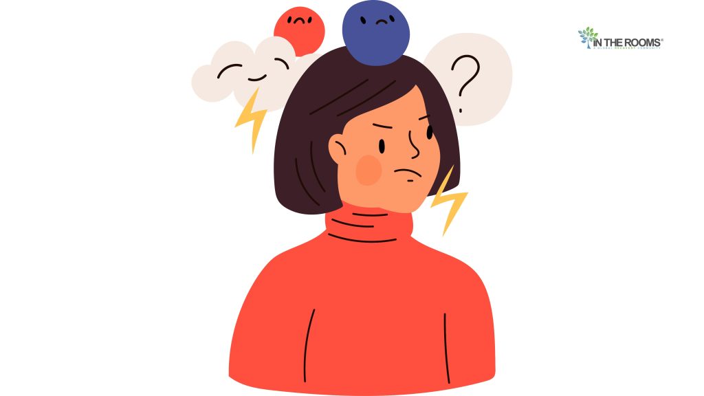 An illustration of a person looking distressed with weather and mood symbols above their head, representing emotional and mental health changes linked to seasonal shifts.